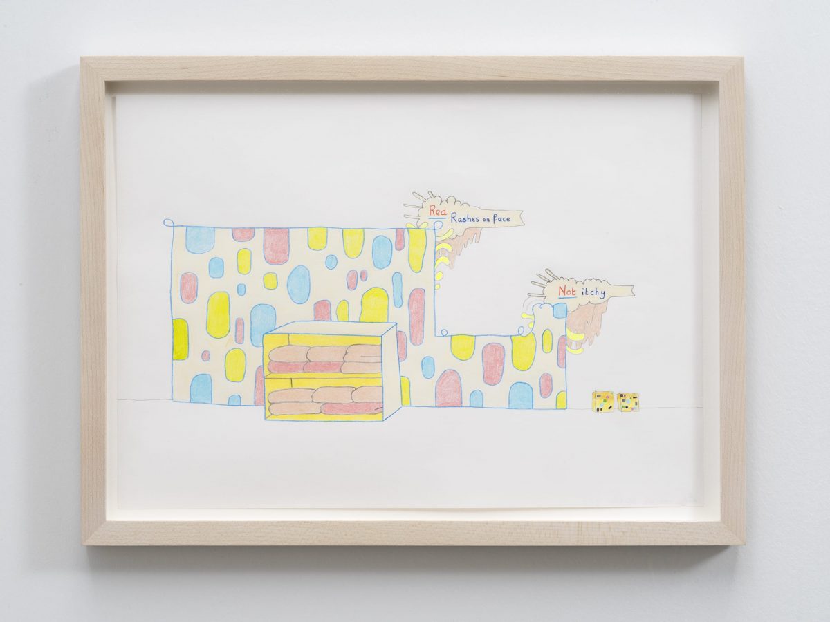 red rashes on face (design for wall painting and mixed media) (plus two small canvas pieces), 2018-19
color pencil on paper, 24,7 x 33,5 x 1,9 cm / 9.7 x 13.2 x 0.8 in (framed)