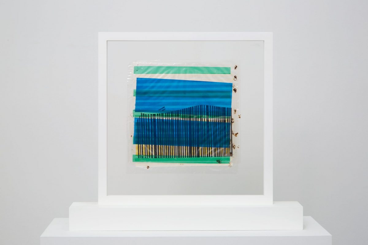 <i>los alamos</i>, 1958
</br>
mixed media on gloss transparent sheet, 24 x 24 cm / 9.4 x 9.4 in
>