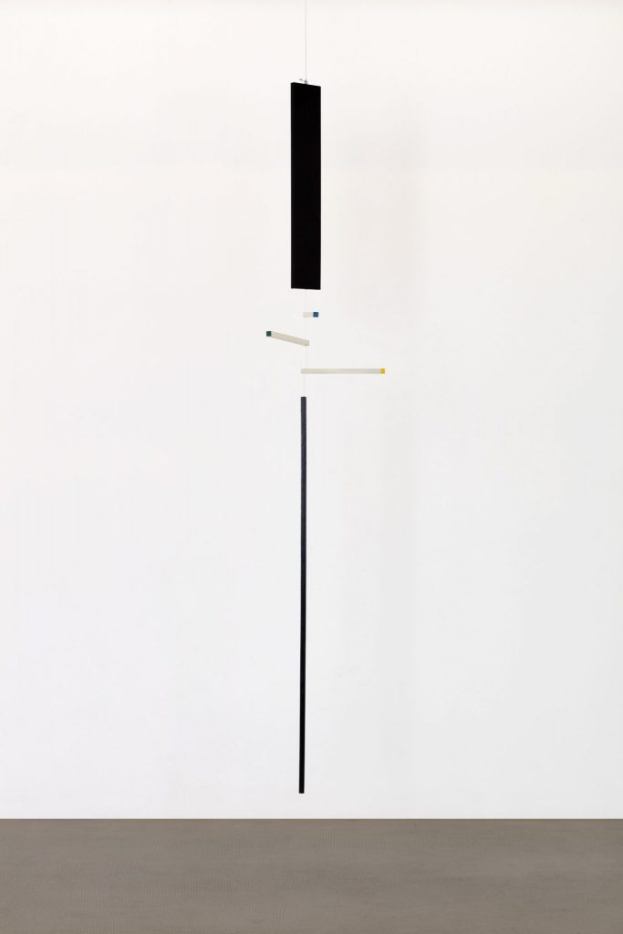 <i>macchina inutile (useless machine)</i>, 1945-77
</br>
painted wood and tempera on paper
</br>
210 x 70 x 1,5 cm / 82.7 x 27.6 x 0.6 in
>