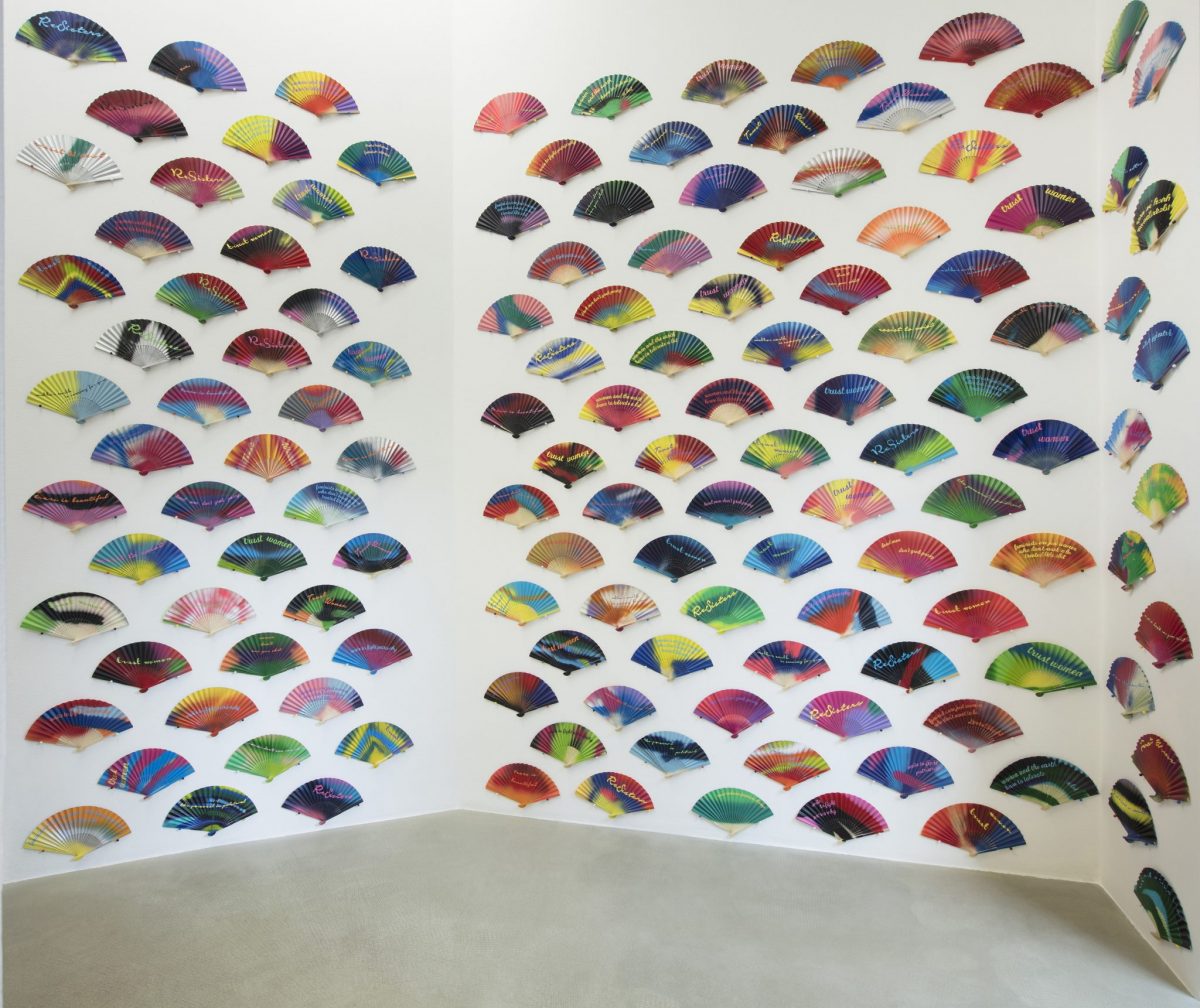 <i>feminist fans</i>, 2018</br>spray painted fans</br> variable dimensions