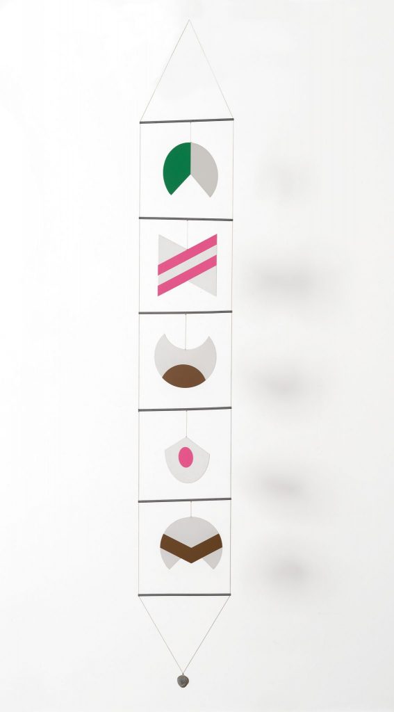 <i>macchina inutile (useless machine)</i>, 1934-83
</br>
varnished and silkscreen printed, birch plywood, cord and stone
</br>
253 x 31 cm / 99.6 x 12.2 in
>