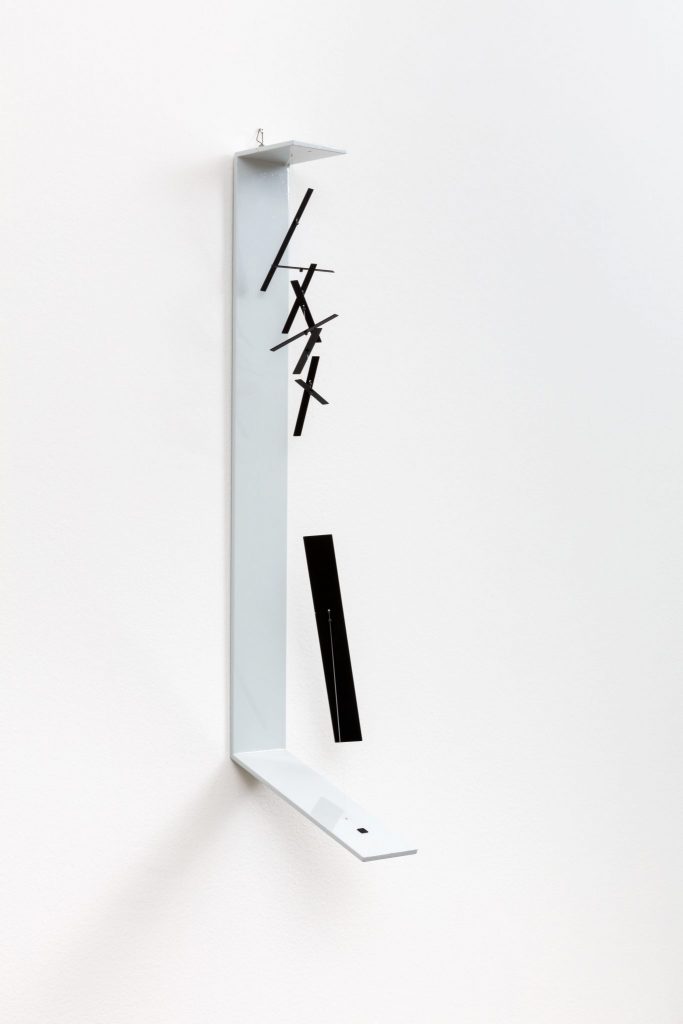 <i>macchina inutile (useless machine)</I>, 1948-95
</br>
mixed media, lead, metal and aluminium
</br>
89 x 10 x 30 cm / 35 x 3.9 x 11.8 in
>