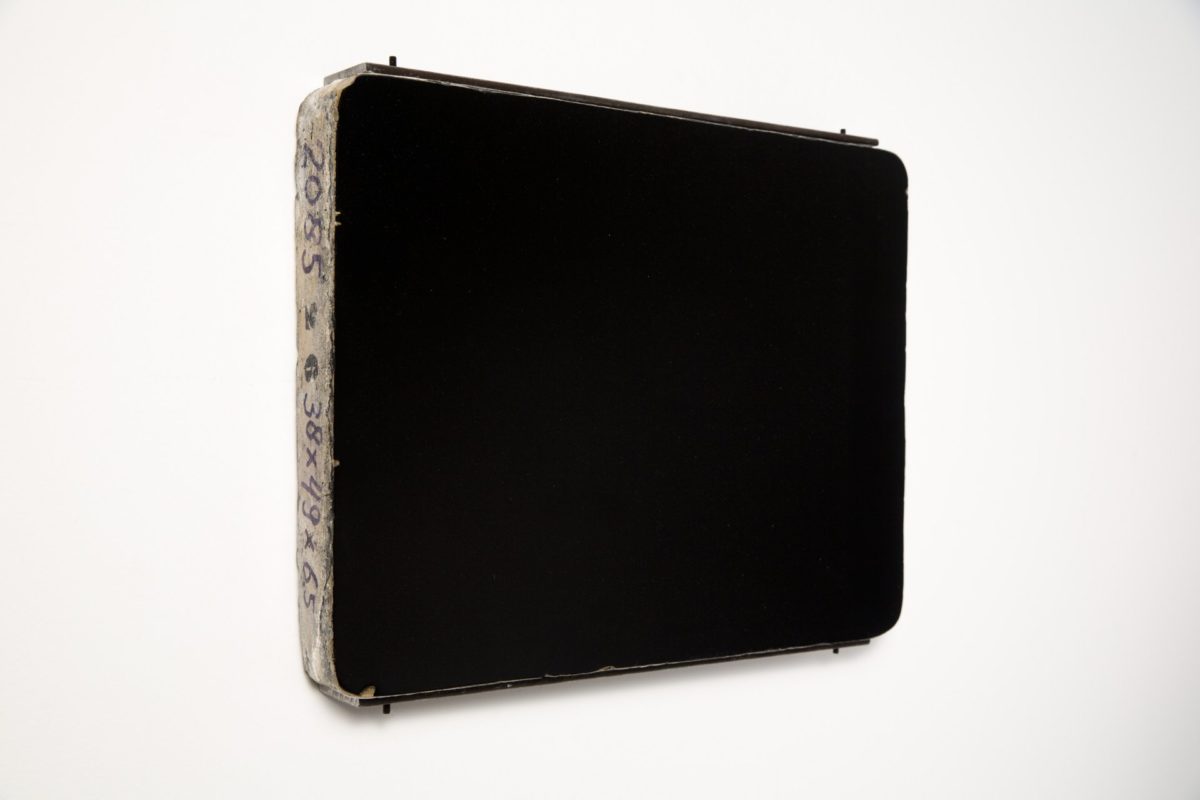 <i>is this the meaning of life (l.k.)</i>, 2012
</br>
litographic stones, printing ink, 38 x 49 x 6,5 cm / 14.9 x 19.2 x 2.5 in>