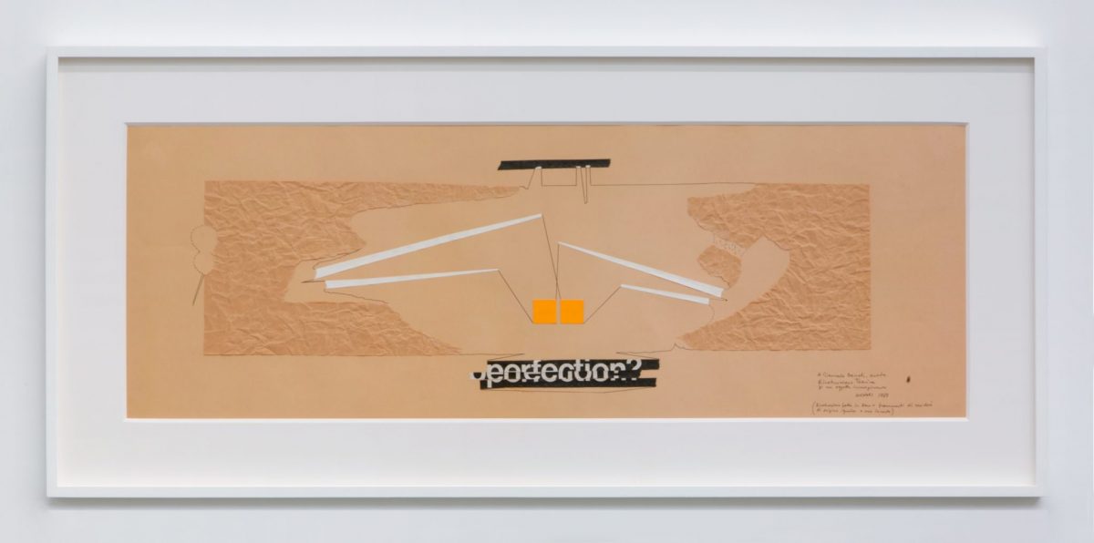 <i>ricostruzione teorica di un oggetto immaginario (theoretical reconstruction of an imaginary object)</i>, 1969
</br>
collage on paper, 35 x 100 cm / 13.8 x 39.4 in
>