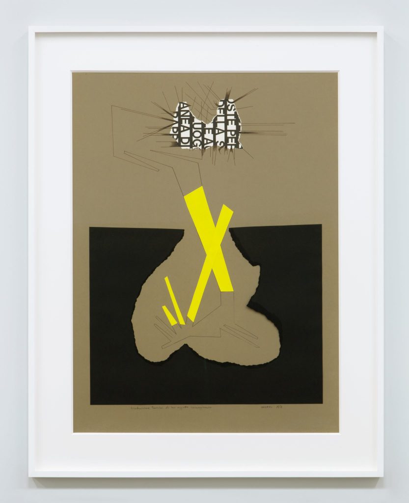 <i>ricostruzione teorica di un oggetto immaginario </br>(theoretical reconstruction 
of an imaginary object)</i>, 1971
</br>
collage and india ink on cardboard, 79 x 60 cm / 31.1 x 23.6 in
>