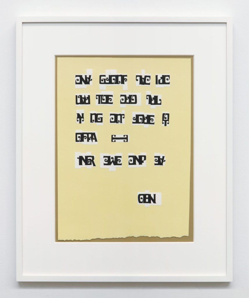 <i>scrittura illeggibile di un popolo sconosciuto
</br>
(illegible writing of an unknown people)</i>, 1973
</br>
collage on paper, 50 x 44 cm / 19.7 x 17.3 in
>