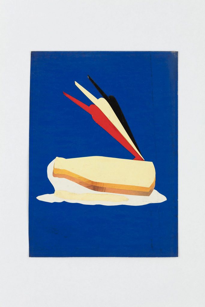 <i>studio di design (design study)</i>, 1947
</br>
collage and mixed media on cardboard
</br>
34 x 24 cm / 13.4 x 9.4 in
>
