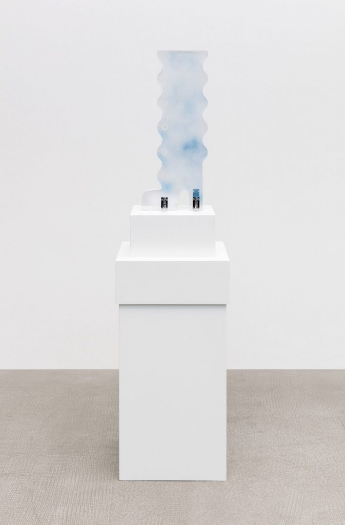 <i>wavy window boot</i>, 2018</br>acrylic, locks, wood plinth</br>115 x 40 x 8,5 cm / 45.3 x 15.7 x 3.3 in 