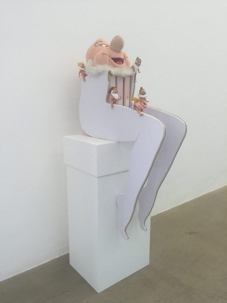 <i>friends (k is for kegels)</i>, 2018</br>wood, vinyl, zippers, plastic toys, stuffed toy, wood plinth</br>131 x 60 x 40 cm / 51.6 x 23.6 x 15.7 in