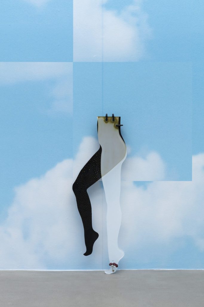 <i>H is for Hairy Leg</i>, 2018</br>acrylic, metal clamps, spray paint, rubber, beads, plastic</br>132 x 41 x 11 cm / 52 x  16 x 4.3 in 