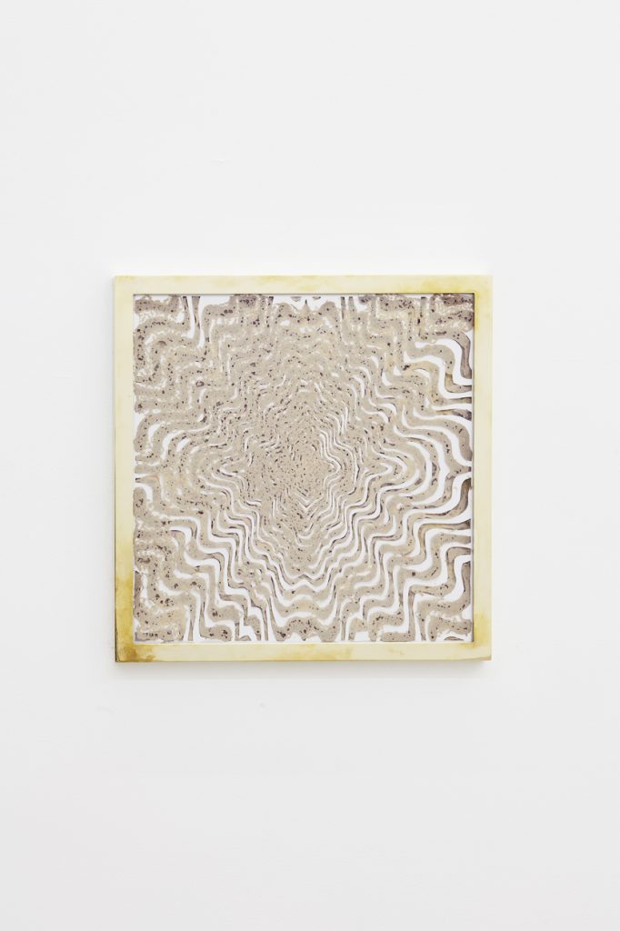 <i>a mother's father's mother</i>, 2012</br>
sourdough, engraved polyeurithane, brass</br> 50.5 x 50.5 cm