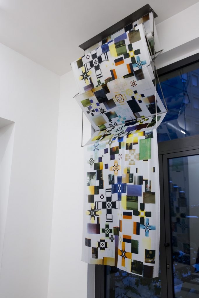 <i>by way of controlling uncontrollable forces</i>, 2012</br>
digital printed silk, iron structure
