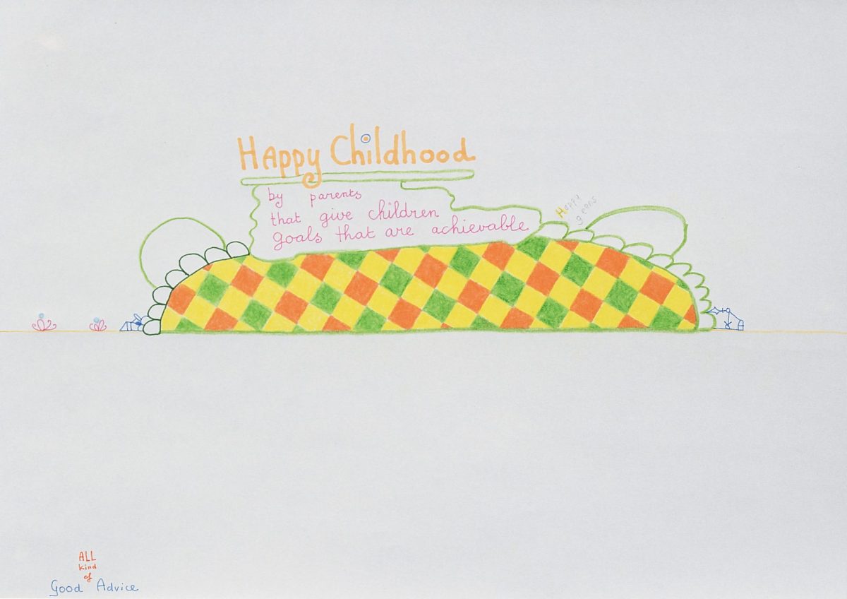 lily van der stokker, happy childhood, 2005
design for wall painting, colored pencil, marker on paper, 21 x 29.7 cm