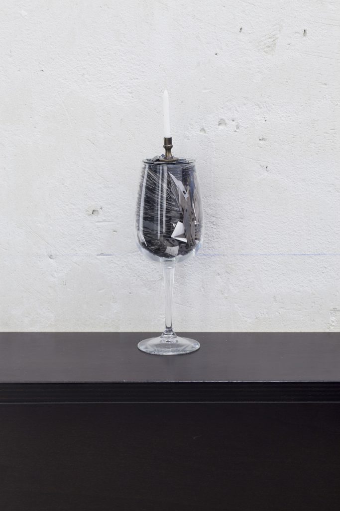 <i>happy birthday to me</i>, 2012</br>
wine glass filled with x-acto blades, brass candle holder, birthday candle</br>30 x 8 cm each