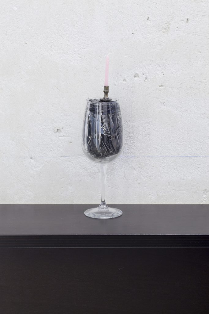 <i>happy birthday to me</i>, 2012</br>
wine glass filled with x-acto blades, brass candle holder, birthday candle</br>30 x 8 cm each