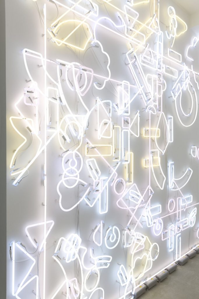 pae white, ...and then you know what?, 2014
lucky charms neon, transformers, electrical wire, site specific