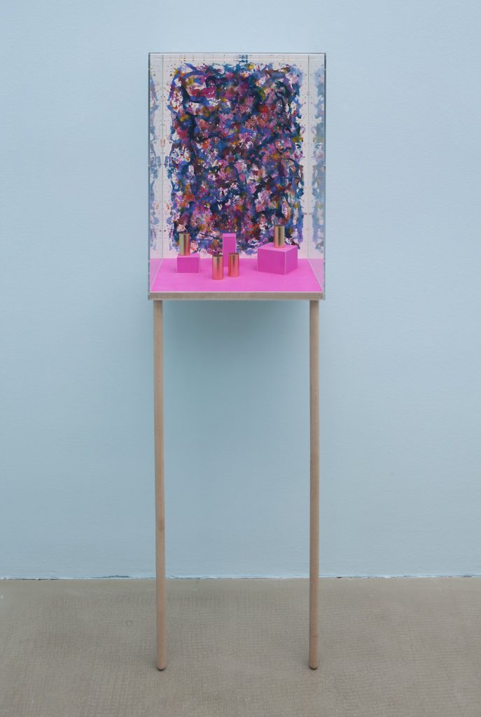 <i>untitled</i>, 2015</i>
watercolor and gouache on paper, gold leaf, uv plexiglass, maple</br>161.3 x 46.7 x 37.9 cm
