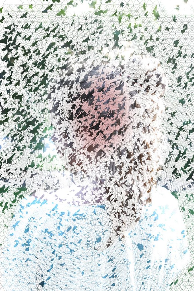 <i>laura with the throbbing pink spot and the mysterious yellow light</i>, 2012</br>
cut-out photograph, spray paint, nails</br> 90 x 60 cm
