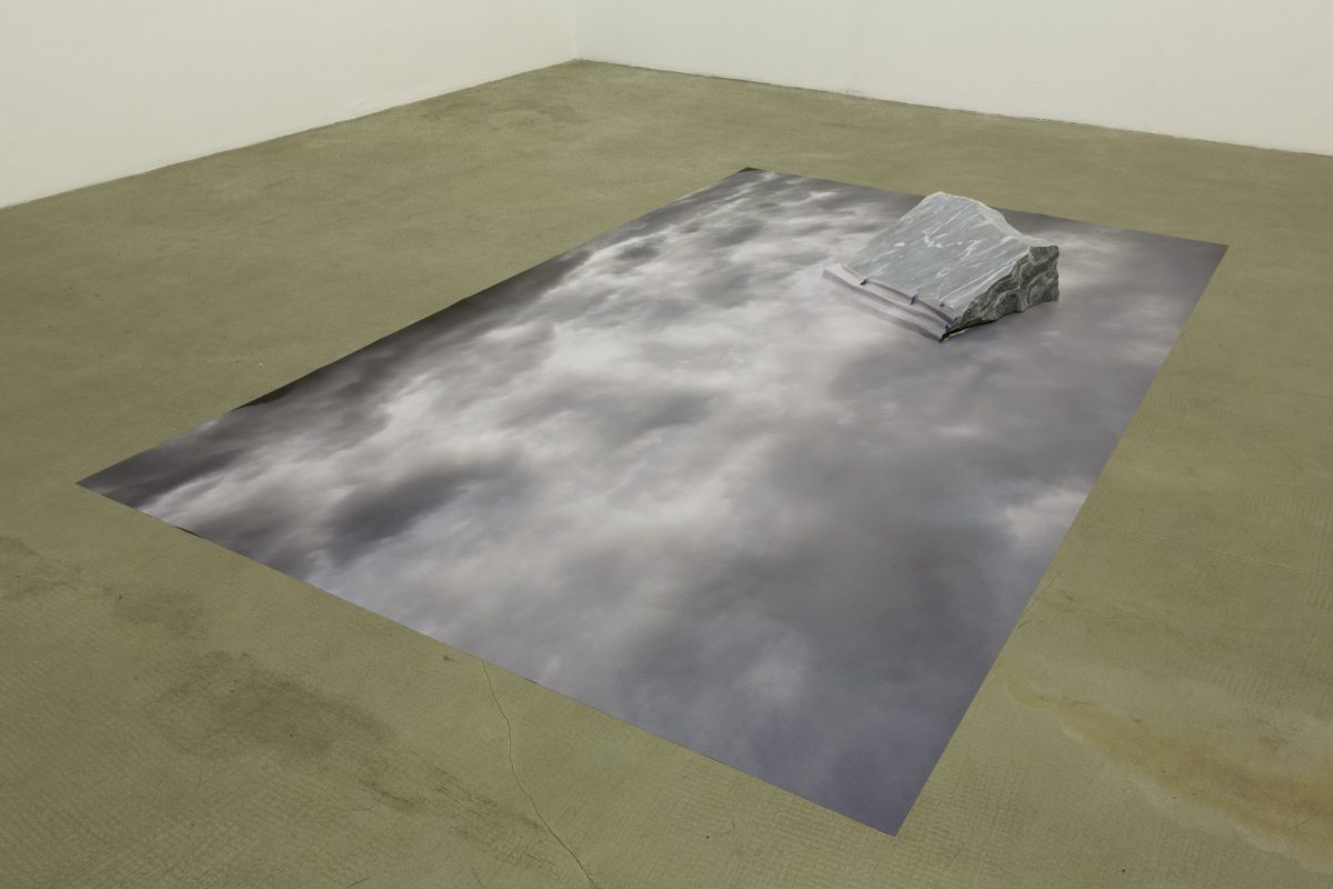 <i>sotto la superficie, la verità della concretezza (alpi)</br>(under the surface, the truth of concreteness (alpi)</i>, 2013</br>print on blueback paper, Bordino Nuvolato marble</br>21 x 265 x 160 cm / 8.2 x 104.3 x 62.9 in