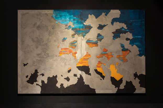 <i>sun set down</I>, 2020
</br>
acrylic paint and concrete, vinyl and fiber on canvas mounted on aluminium, two paintings
</br>
200 x 300 x 2,5 cm / 78.7 x 118.1 x 1 in