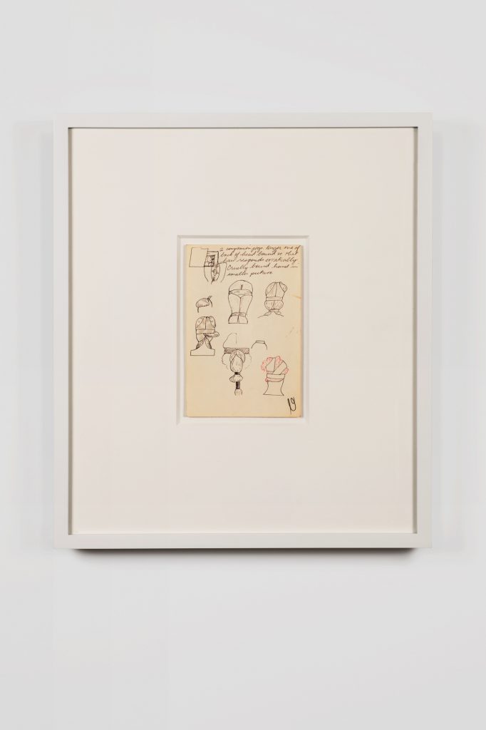 Christina Ramberg
</br>
<I>Untitled (back of head bound so hair responds erratically)</I>, 1972
</br>
ballpoint pen on paper, 15,2 x 10 cm / 6 x 4 in