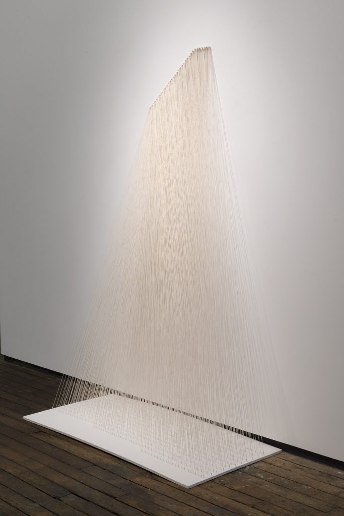 Kazuko Miyamoto
</br>
<I>Male I</I>, 1974 - 2017
</br>
cotton string, nails, board, 182,9 x 20,3 x 61 cm / 72 x 8 x 24 in