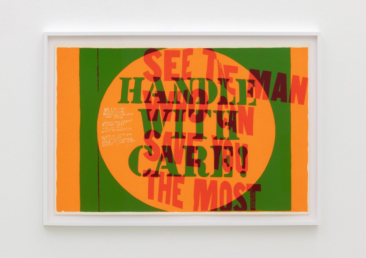 <I>handle with care</I>, 1967
</br>
screenprint on paper</br>
58,4 x 88,9 cm / 23 x 35 in