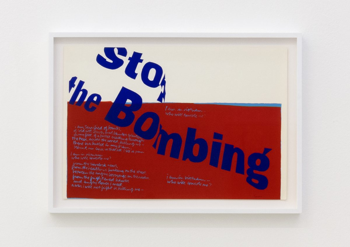 <I>stop the bombing</I>, 1967
</br>
screenprint on paper</br>
46,6 x 66 x 4 cm / 18.3 x 26 x 1.5 in 