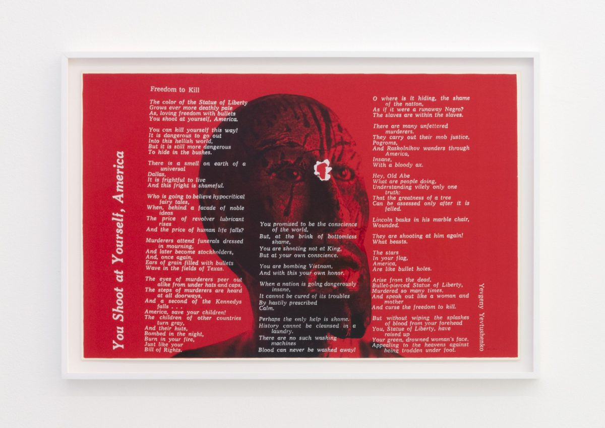 <I>you shoot at yourself, america</I>, 1968
</br>
screenprint</br>
66 x 96,5 x 4 cm / 26 x 38 x 1.5 in (framed)