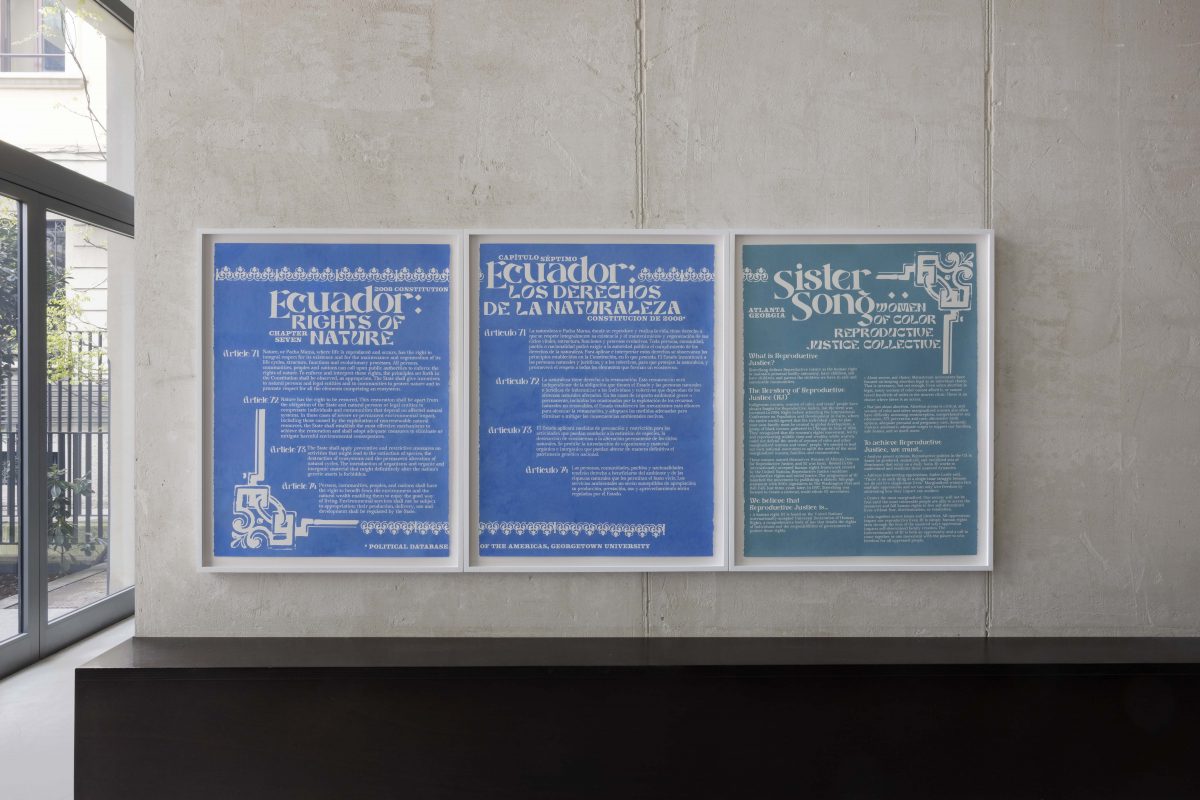 <i>Rights of Nature & Bodily Autonomy (Constitution of Ecuador, Rights of
Nature, 2008; </br>SisterSong Women of Color Reproductive Justice Collective,
Statement, Atlanta, Georgia, 2022)</i>, 2022 </br>
colored pencil on paper</br> set of 3 </br> 
each: 83 x 64 x 4 cm / 32.6 x 25.1 x 1.5 in</br> 
overall: 83 x 192 x 4 cm / 32.6 x 75.5 x 1.5 in