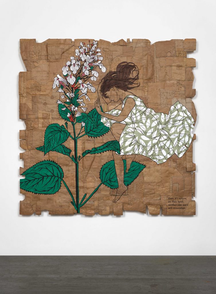 <i>Eco Grief Extinction Series, Even If I Return, </br>As
They Have,  Neither You Nor I Will Remember.</br> (Quote
by Deena Metzger; Plant: Phyllostegia Glabra Var.
Lanaiensis, </br>Declared Extinct October 2021; Figure
Design: Carolyn Janssen)</i>, 2022
</br>
acrylic marker on cardboard</br>
184 x 184 x 14 cm / 72.5 x 72.5 x 5.5 in