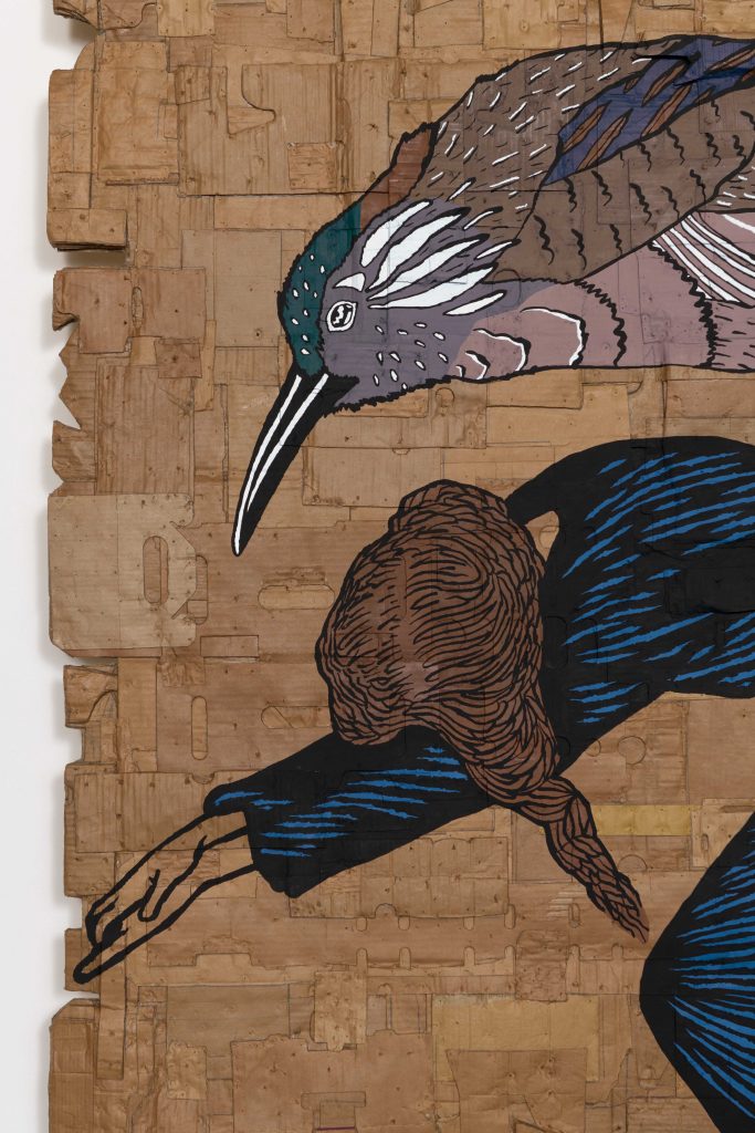 <i>Eco Grief Extinction Series, </br>You Must Not Turn Your
Head Away in Grief, and Fail to See the Wings </br>(Quote
by Deena Metzger; Bird: Kauai Oo, Declared Extinct
</br>October 2021; Figure: Giuseppe Scalarini, La Guerra,
7 August 1914)</i>, 2022
</br>
(detail)