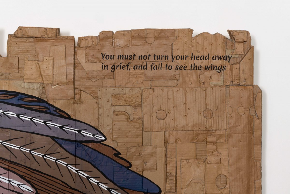 <i>Eco Grief Extinction Series, You Must Not Turn Your
Head Away in Grief, and Fail to See the Wings </br>(Quote
by Deena Metzger; Bird: Kauai Oo, Declared Extinct
October 2021; </br>Figure: Giuseppe Scalarini, La Guerra,
7 August 1914)</i>, 2022
</br>
(detail)
