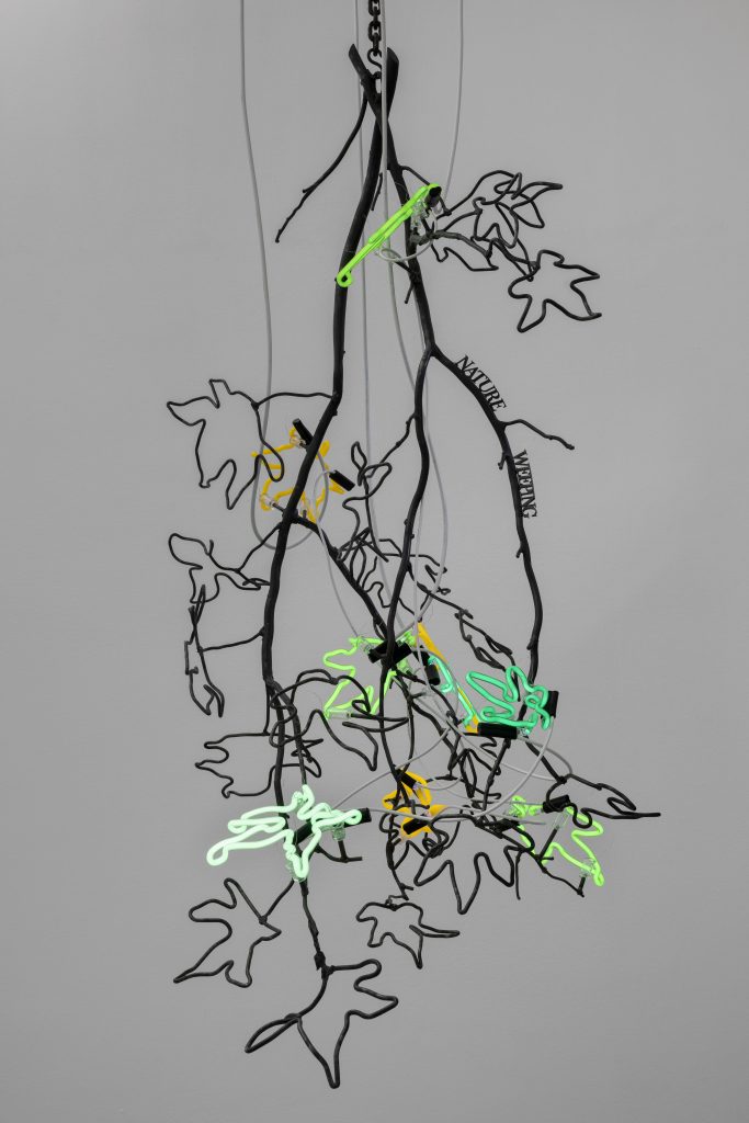 <i>Chandeliers of Interconnectedness </br>(NATURE WEEPING;
quote by Susan Griffin)</i>, 2022 </br>
steel, neon lights</br>
140 x 90 x 85 cm / 55.1 x 35.4 x 33.4 in