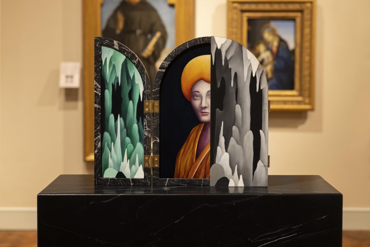 <i>Portrait with Cave</i>, 2022 </br>
oil on copper and oil on wood</br>
open: 30,9 x 48,7 x 6,5 cm / 12.1 x 19.1 x 2.5 in
</br> closed: 30,9 x 25 x 8 / 12.1 x 9.8 x 3.1 in>