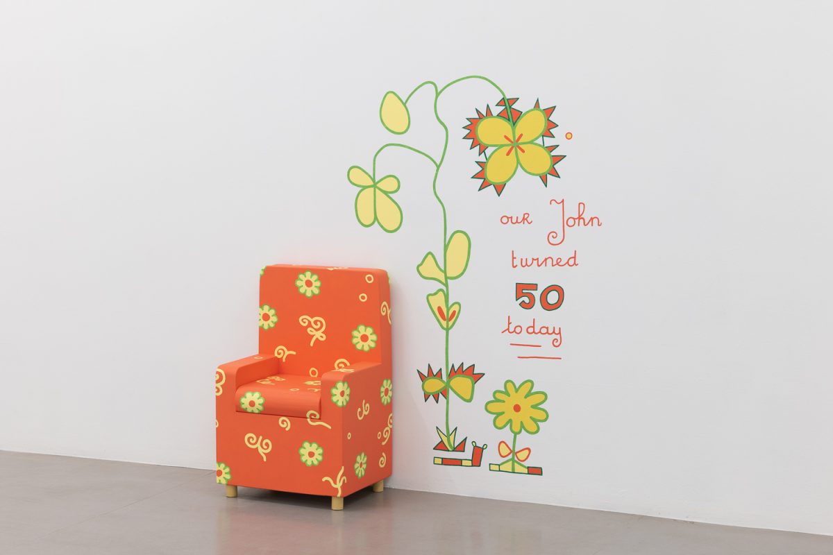 <i>Birthday John</i>, 1998-2022
</br>
acrylic paint on wall and wood (with armchair)</br>
200 x 200 cm / 78.7 x 78.7 in
