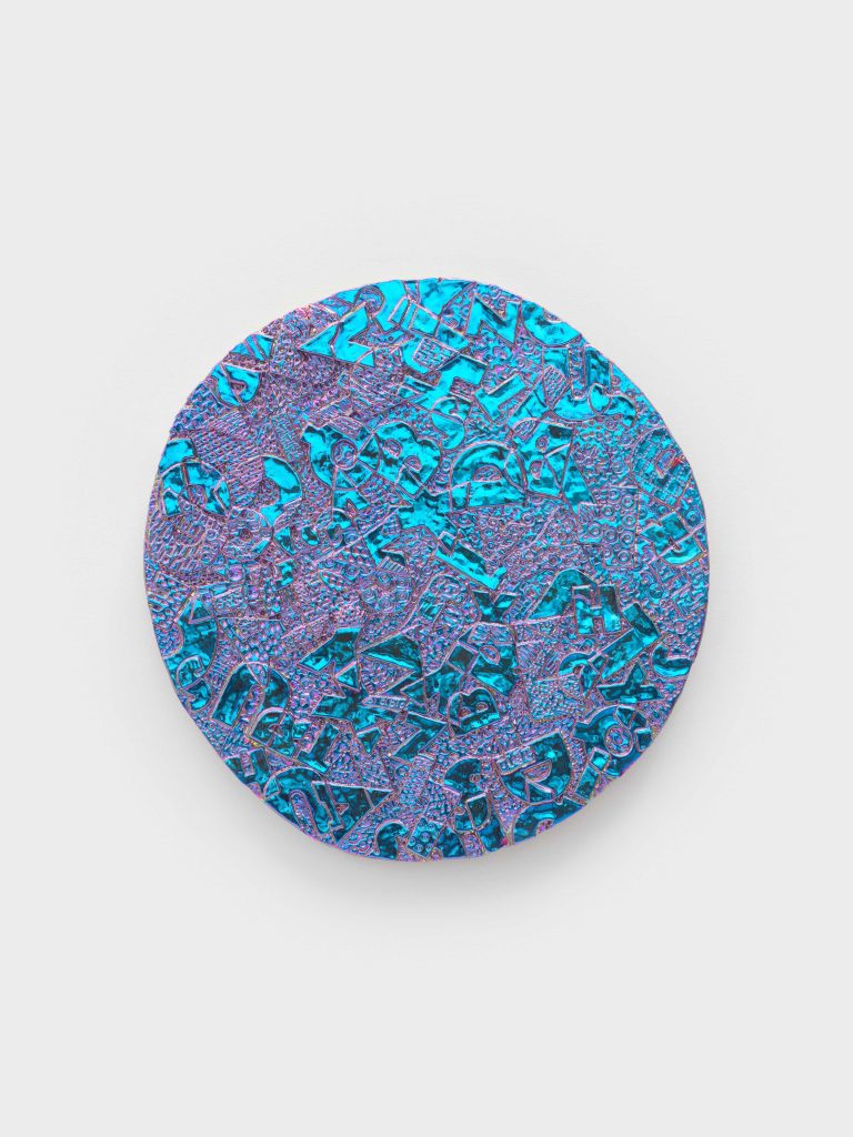 <i>smiles chuckles giggles & laughs</i>, 2022 </br>
dichroic coating on glazed ceramic</br>
44,4 x 43 x 3,8 cm / 17.5 x 17 x 1.5 in