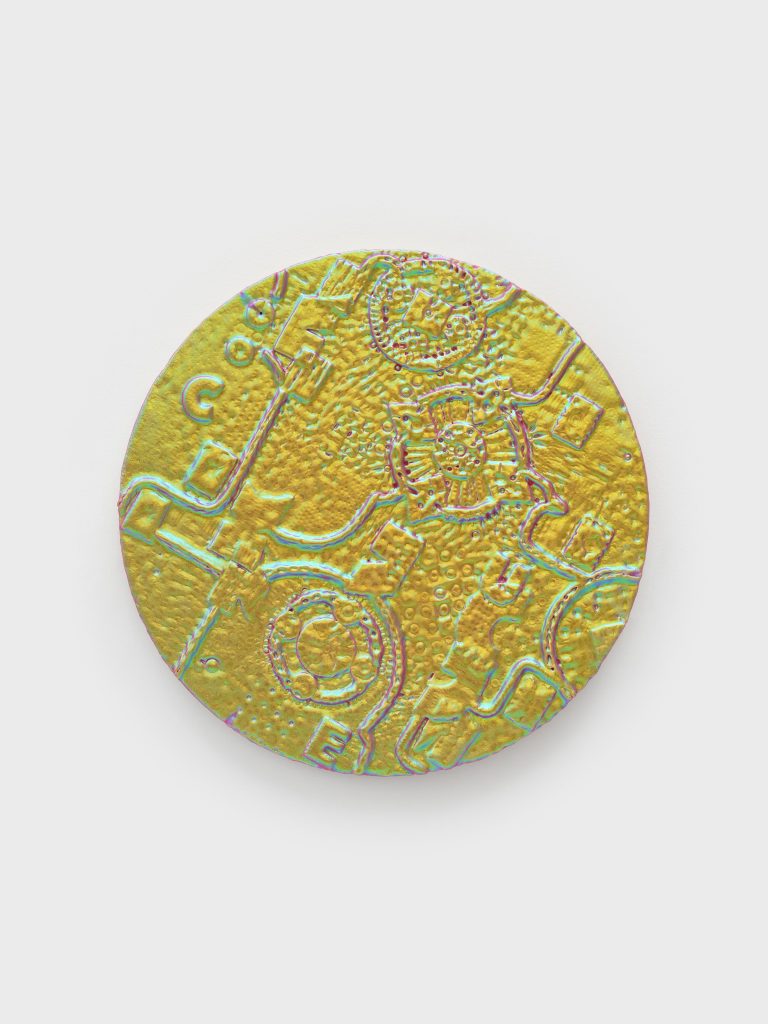 <i>Green Dust on Red Leaves</i>, 2022 </br>
dichroic coating on glazed ceramic</br>
45,7 x 45,7 x 3,8 cm / 18 x 18 x 1.5 in