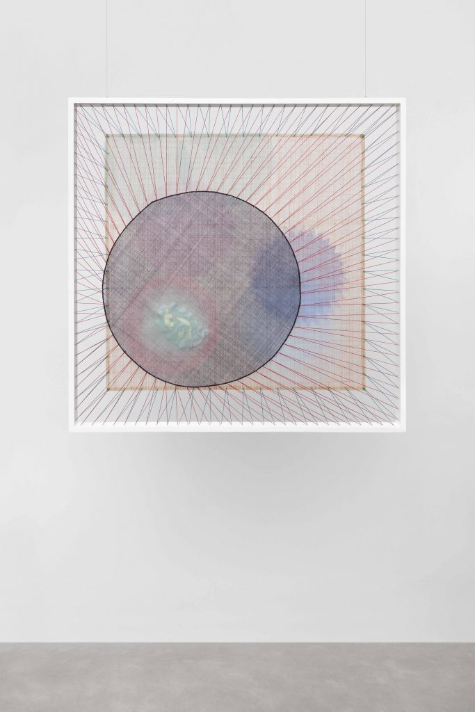 <i>Evocation of the Sun</i>, 2022 </br>
fabric, acrylic, string, wood</br>
81,2 x 81,2 x 3,8 cm / 31 x 31 x 1.5 in