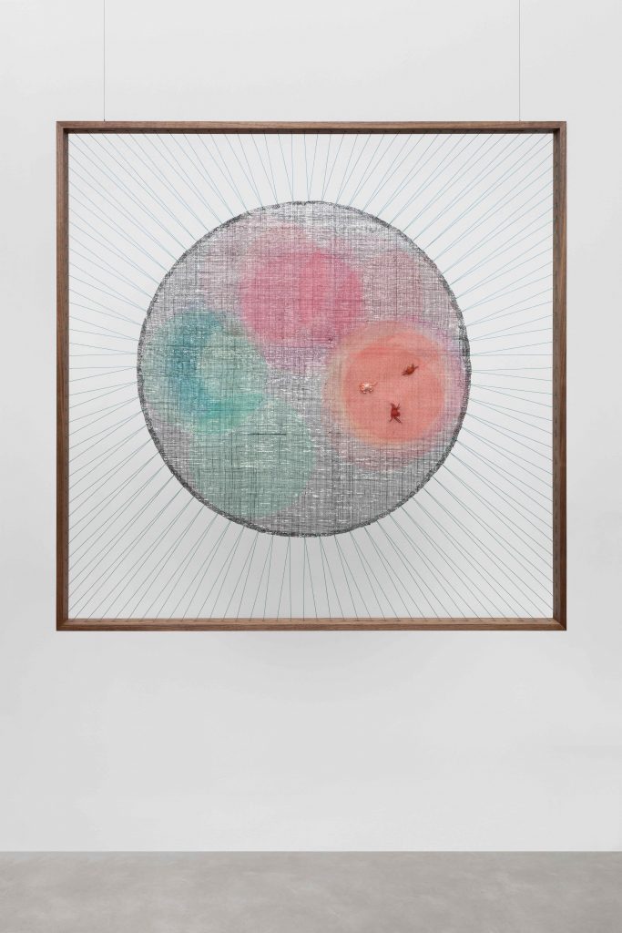 <i>Blushes with Sea Trash</i>, 2022 </br>
fabric, acrylic, string, wood</br>
93,9 x 93,9 x 3,8 cm / 37 x 37 x 1.5 in