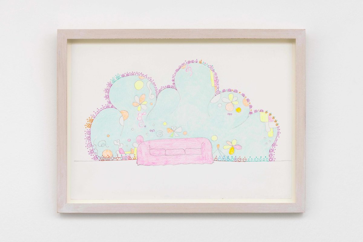 <i>Pink couch with turquoise wall painting 2 (design for
wall painting with couch) </i>, 2002-2008</br>color pencil and pen on paper</br>
24,6 x 33,2 cm / 9.6 x 13 in