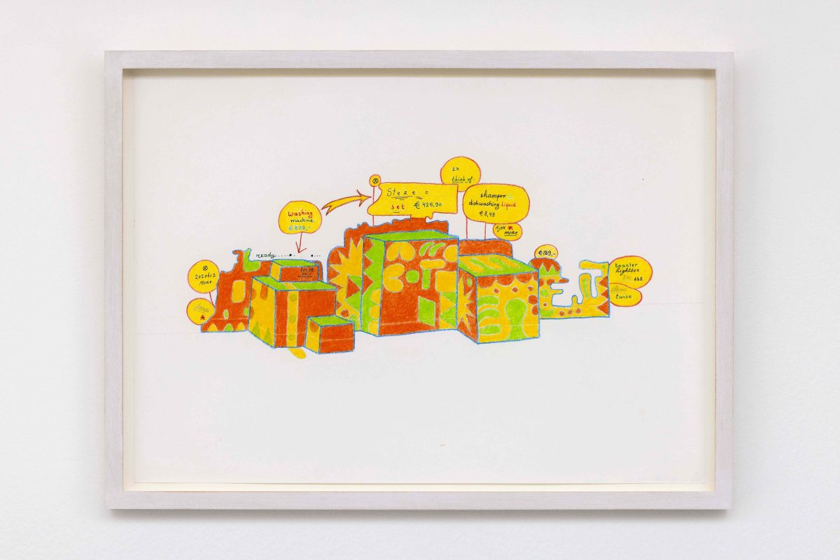 <i>Stereo Set (design for wall-painting and wood objects)</i>, 2008 (finished in 2019) </br>colour pencil and pen on paper</br>
33,4 x 46 cm / 13.1 x 18.1 in