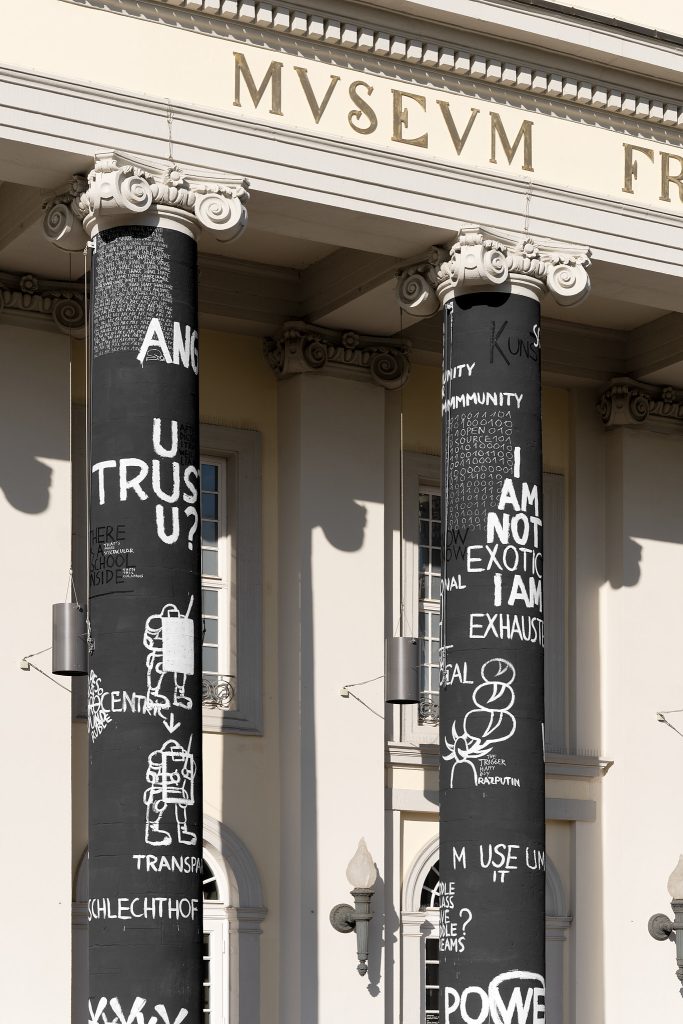 <i>documenta fifteen: Dan Perjovshi, Generosity, Regeneration, Transparency, Independence, Sufficiency, Local Anchor and most of all Humor</i>, 2022
</br> installation view, Fridericianum, Kassel