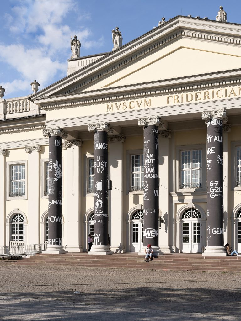 <i>documenta fifteen: Dan Perjovshi, Generosity, Regeneration, Transparency, Independence, Sufficiency, Local Anchor and most of all Humor</i>, 2022
</br> installation view, Fridericianum, Kassel