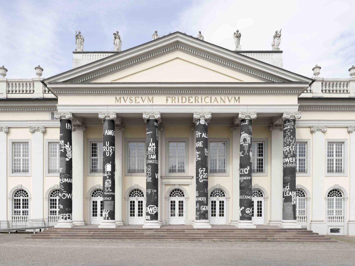<i>documenta fifteen: Dan Perjovshi, Generosity, Regeneration, Transparency, Independence, Sufficiency, Local Anchor and most of all Humor</i>, 2022
</br> installation view, Fridericianum, Kassel