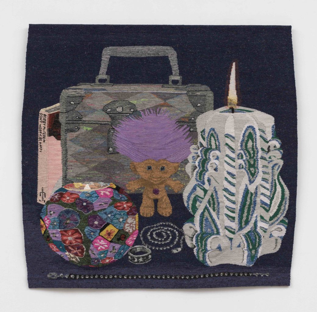 Erin M. Riley, <i>Don’t Worry, Be Happy</i>, 2022</br>cotton, wool</br> 119,4 x 124,5 cm / 47 x 49 in