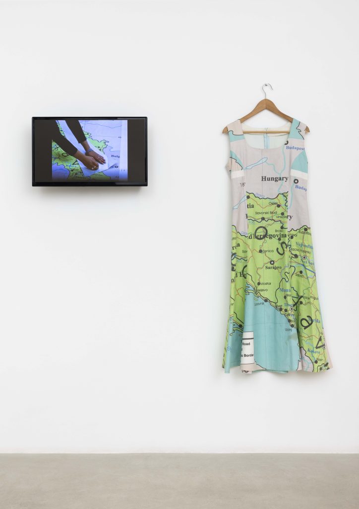 Maja Bajevic, <i>Dressed Up</i>, 1999-2023</br>jersey</br> dress: 124 x 109 cm / 48.8 x 42.87 in
video: single channel video, color, sound, 60.52’’