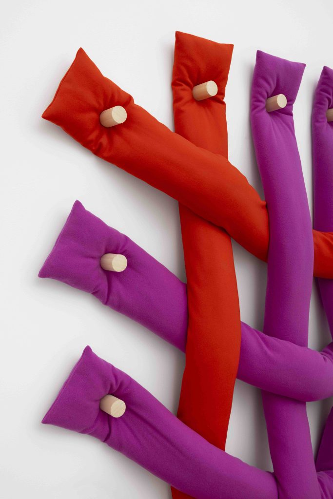 Dianna Molzan, <i>Grid II</i>, 2023 </br> canvas, woodens dowels with acrylic and vinyl
(stuffed with pure cotton fluff)
</br> (detail)>