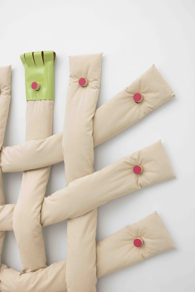 Dianna Molzan, <i>Grid I</i>, 2023 </br> canvas, woodens dowels with acrylic and vinyl
(stuffed with pure cotton fluff)
</br> (detail)