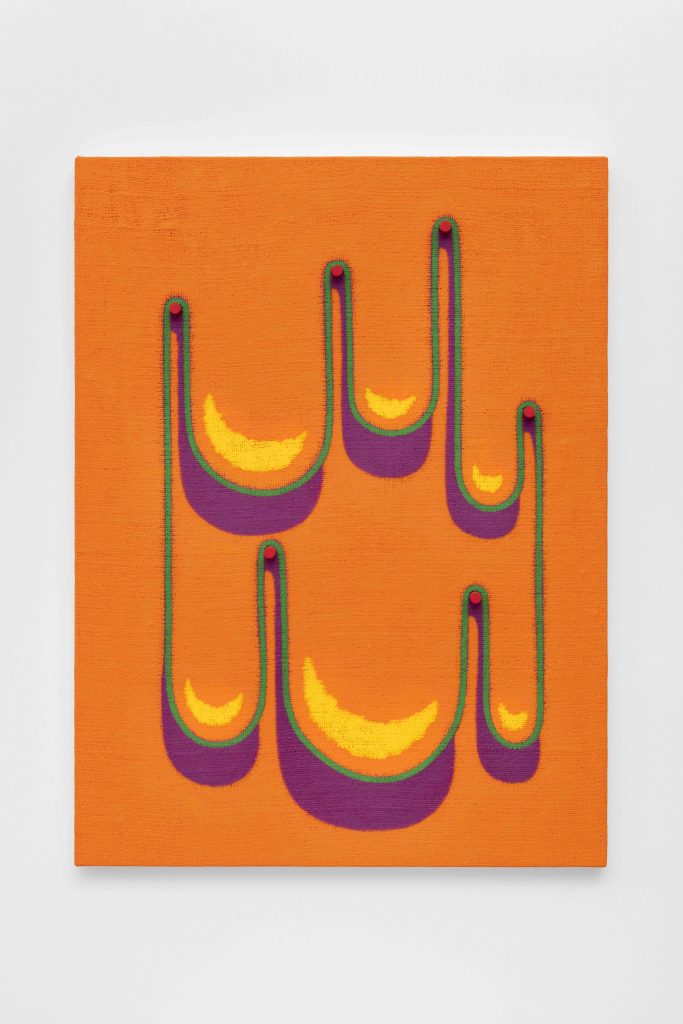 Dianna Molzan, <i>Orange Sags</i>, 2023 </br> oil on jute with wooden dowels
</br> 81,5 x 61 x 7,5 cm / 32 x 24 x 3 in